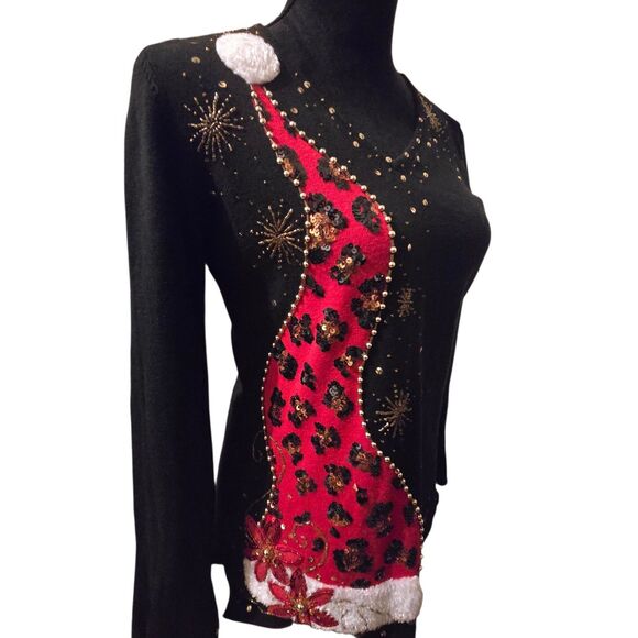 Berek 2 Small Sweatshirt Black Ugly Christmas Holiday Santa Hat Poinsetta - Picture 2 of 11